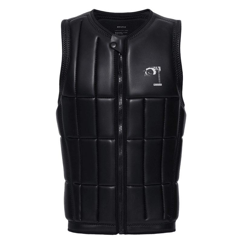 Vorderseite schwarze Mystic Wakeboard Weste mit Reißverschluss und Schaumstoffpolsterung