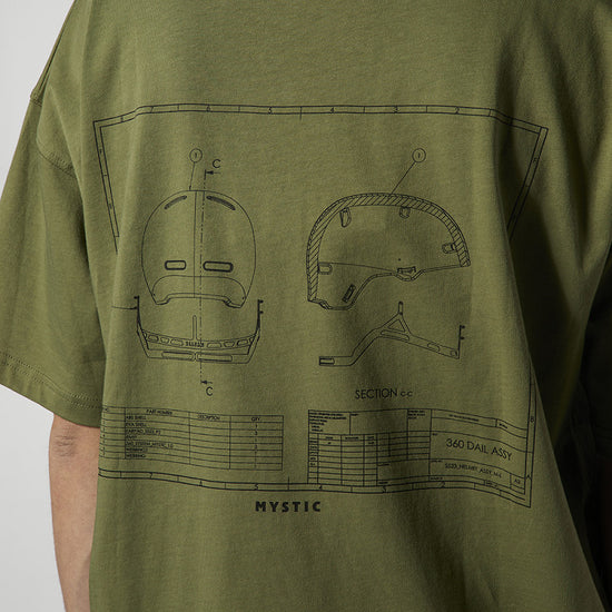 Detailaufnahme des Helm-Blueprint-Drucks auf der Rückseite des olivgrünen T-Shirts