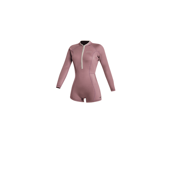 Mystic Lunar Shorty Neoprenanzug Damen Rosa Frontansicht mit Kontrastnähten