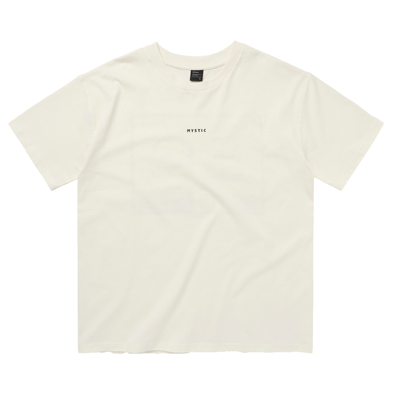 Vorderansicht des cremefarbenen T-Shirts mit Rundhalsausschnitt und Nackenetikett