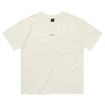 Vorderansicht des cremefarbenen T-Shirts mit Rundhalsausschnitt und Nackenetikett