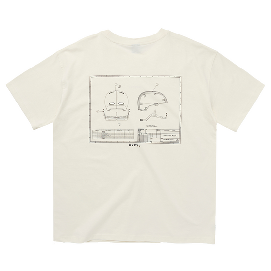 Rückseite des cremefarbenen T-Shirts mit schwarzer Helm-Zeichnung im Blueprint-Stil
