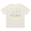 Rückseite des cremefarbenen T-Shirts mit schwarzer Helm-Zeichnung im Blueprint-Stil