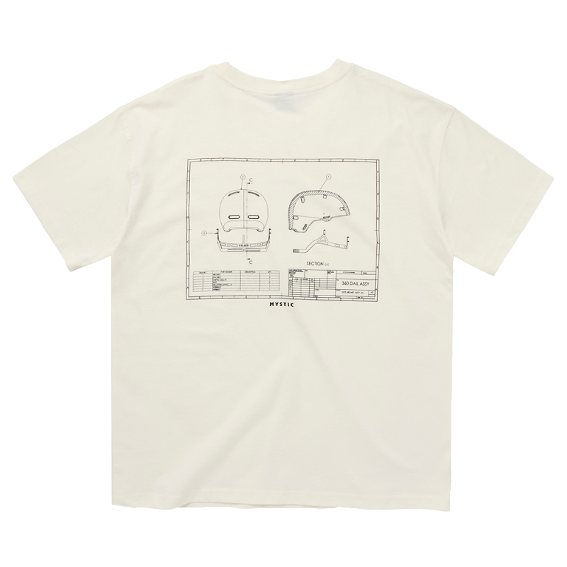 Rückseite des cremefarbenen T-Shirts mit schwarzer Helm-Zeichnung im Blueprint-Stil