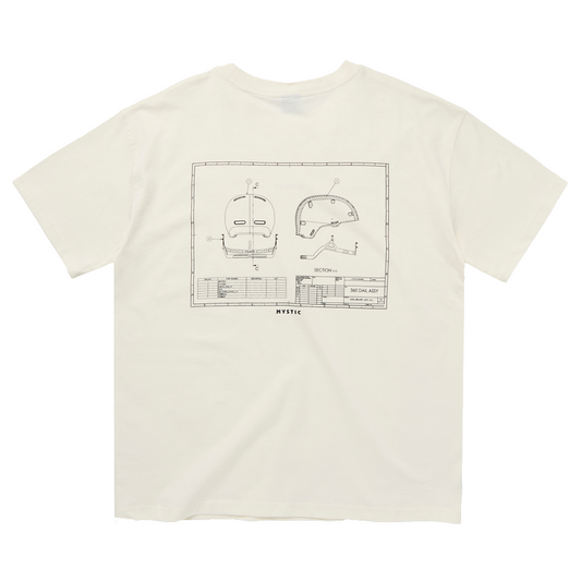 Rückseite des cremefarbenen T-Shirts mit schwarzer Helm-Zeichnung im Blueprint-Stil