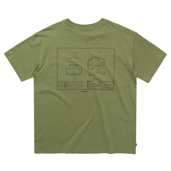 Rückansicht des olivgrünen T-Shirts mit zentriertem technischen Helm-Print