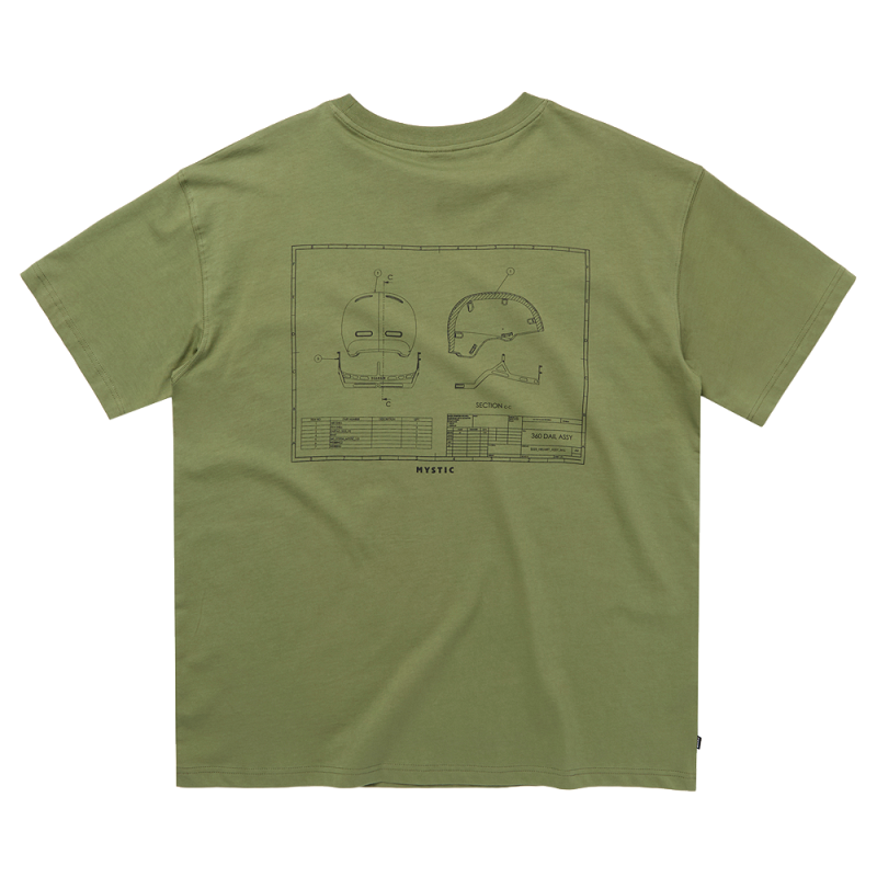 Rückansicht des olivgrünen T-Shirts mit zentriertem technischen Helm-Print