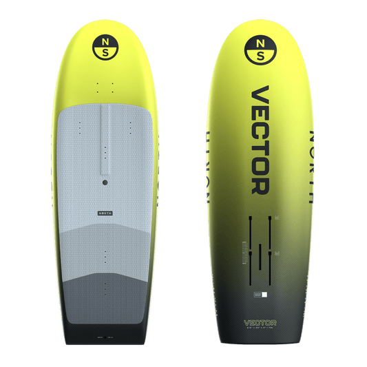North Vector Race Foil Board 2025 mit Carbon-PVC-Sandwichbau und gelb-schwarzem Design